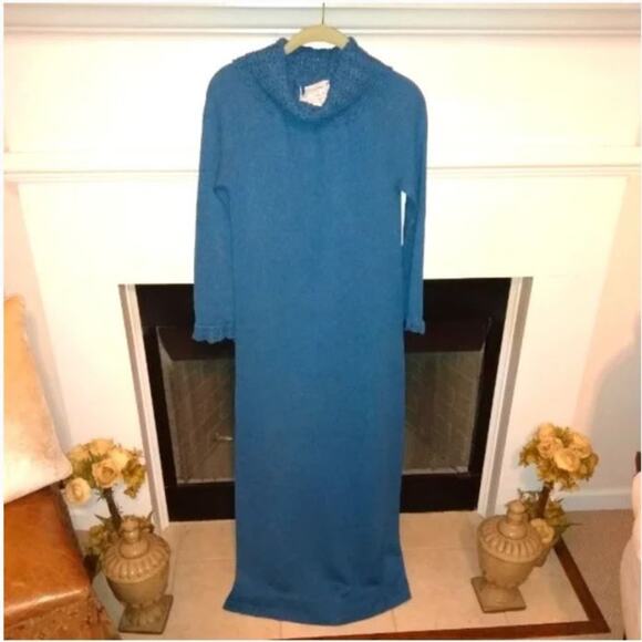 DIOR Maxi Knit Dress Sz S BLUE Turtleneck Luxe Bodycon Lounge Crochet RARE VNTG - Picture 1 of 16